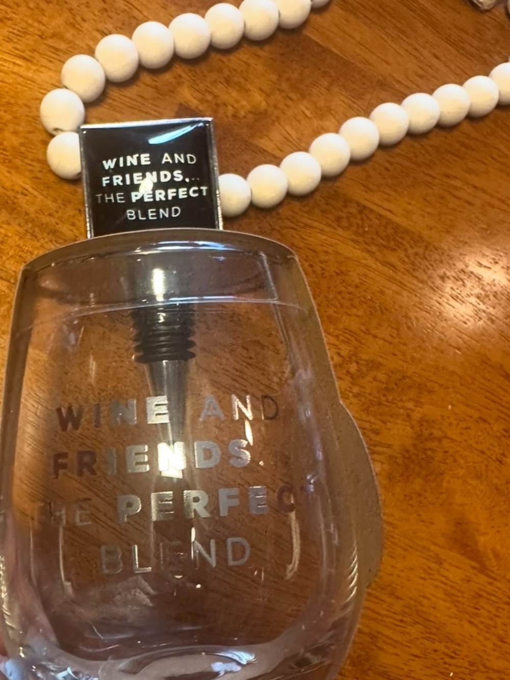 Wine Glass & Stopper Set-Silver Lettering - "Wine and Friends- The Perfect Blend